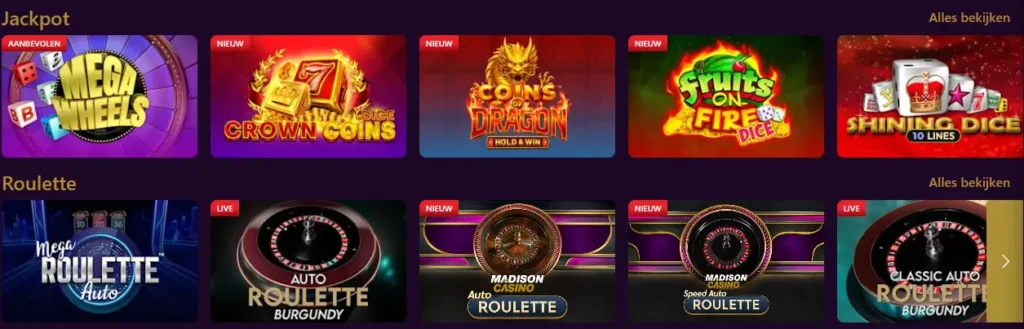 Bibliotheek met tafelspellen, slots en live casino